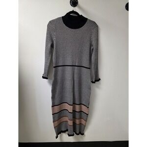 Robbie Bee Midi Sheath Sweater‎ Dress 3/4 sleeve Ruffle Trim Multicolored LG